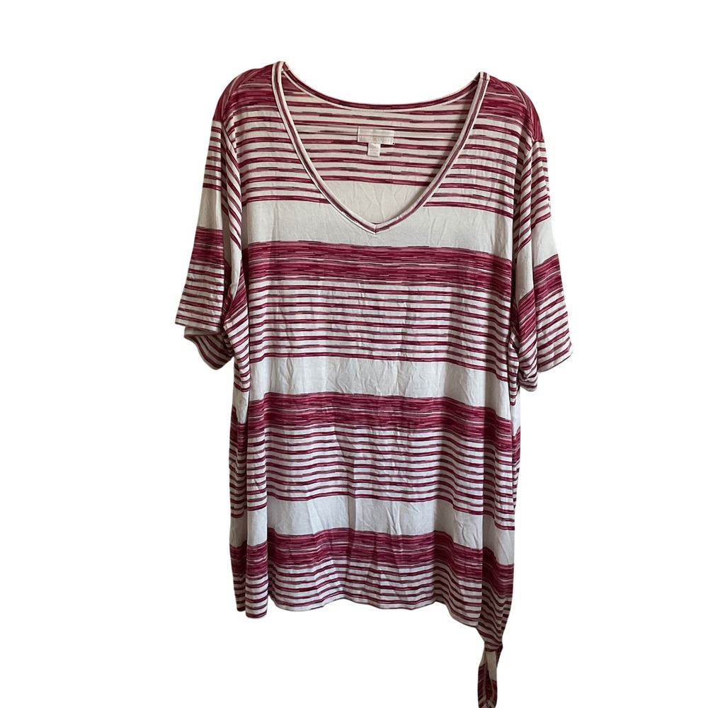 Belle Kim Gravel‎ Red and White Striped Stretch Jersey Knit Side Tie Tee - 2X